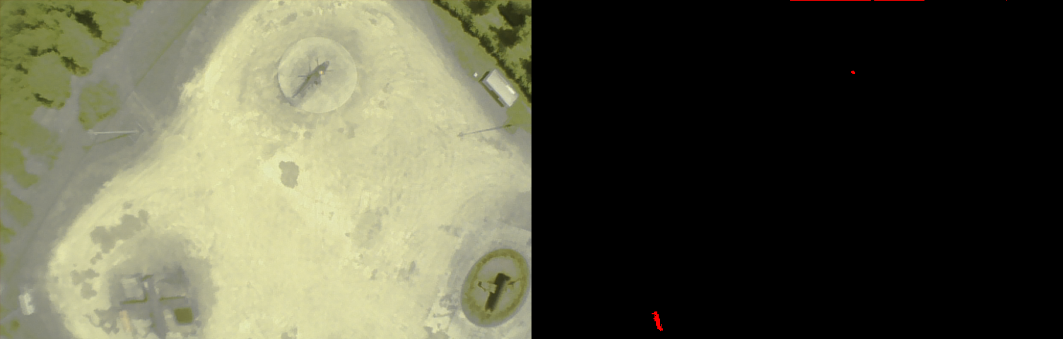 Fire detected by color at the top center (few pixels at the helicopter). The yellow truck (down left) is also marked as fire and thus a false positive.